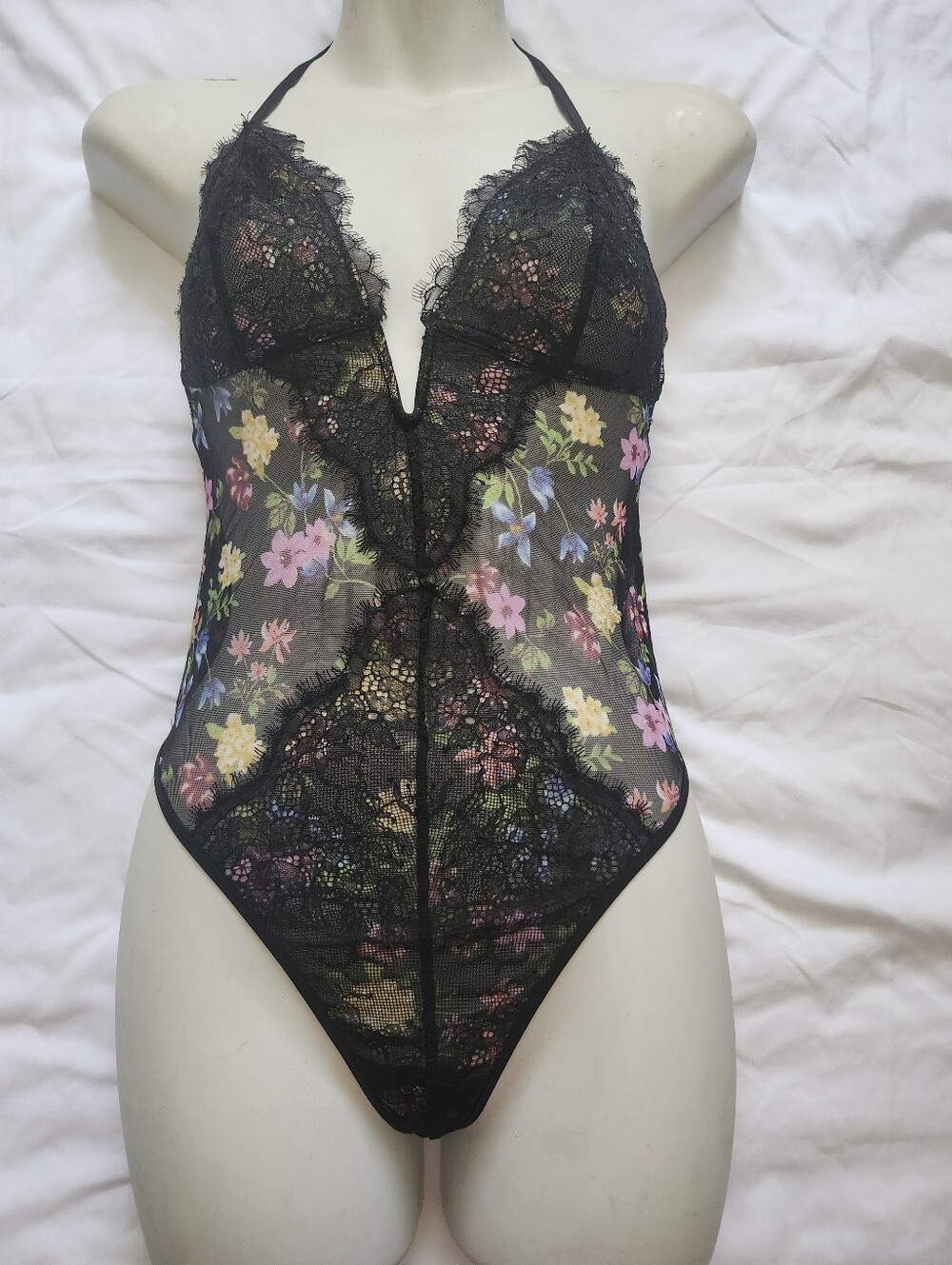 Victoria's Secret Black Sheer Floral Lace Halter Bodysuit